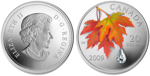 2009 $20 Canadian Autumn Showers Crystal Raindrop Silver Coin