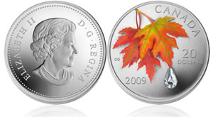 2009 $20 Canadian Autumn Showers Crystal Raindrop Silver Coin
