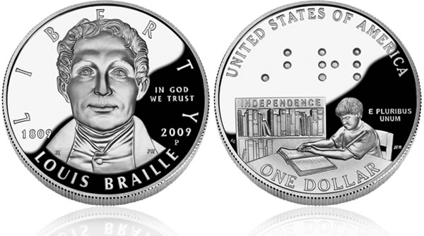 2009 Louis Braille Bicentennial Silver Dollar Proof Coin