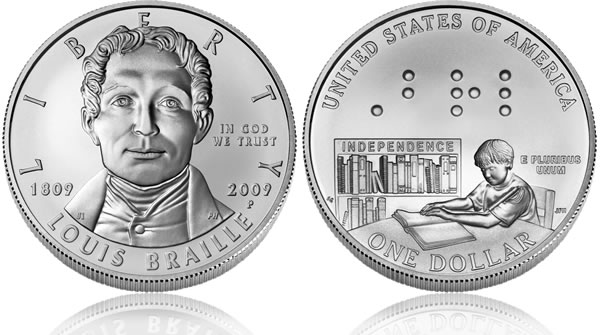 2009 Louis Braille Bicentennial Silver Dollar Uncirculated Coin