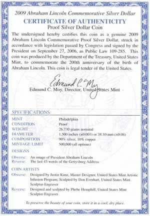 Abraham Lincoln Silver Dollar Coin Specifications on US Mint Certificate of Authenticity