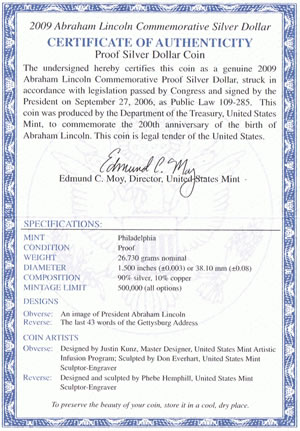 Abraham Lincoln Silver Dollar Coin Specifications on US Mint Certificate of Authenticity