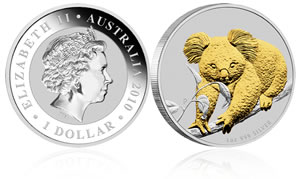 2010 Australian Gilded Koala Silver 1 oz Coin