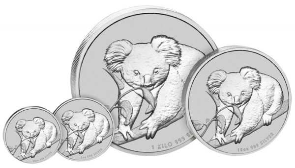 Four 2010 Australian Koala Bullion Silver Coin Sizes