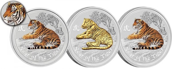 2010 Year of the Tiger Silver Coins: Gemstone, Gilded and Colorized Versions (Click to Enlarge)