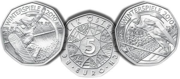 Austrian Mint 2010 Winter Olympic 5 euro Ski Jumping and Snowboarding Silver Coins - Click to Enlarge