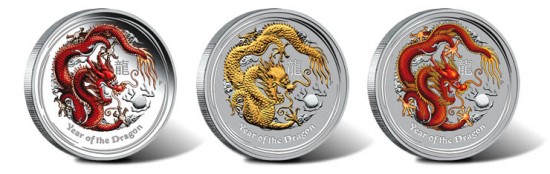 2012 Year of the Dragon Colored Proof, Gilded and Gemstone Silver Coins