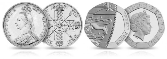Double-florin and 2012 20p silver coin
