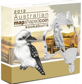 Australian Map Shaped Kookaburra Silver Coin in Shipper