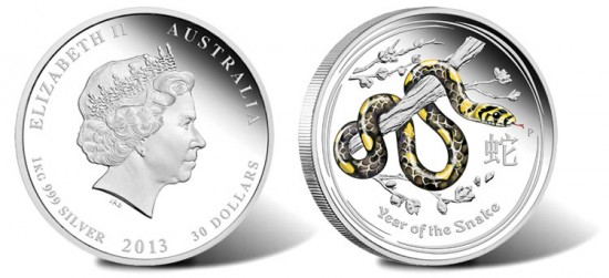 2013 $30 Year of the Snake Silver Proof Colored Coin