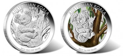 Reverses of 2013 Koala Kilo Silver Coin and 1 Oz Colored Silver Coin
