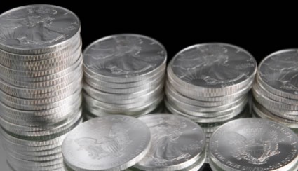 Stacks of American Silver Eagles bullion coins