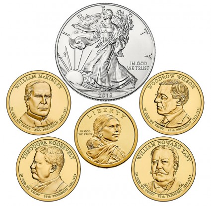 Coins in 2013 United States Mint Annual Uncirculated Dollar Coin Set