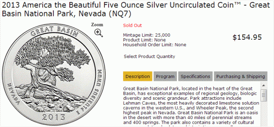 US Mint Page for 2013-P Great Basin 5 Ounce Silver Coin