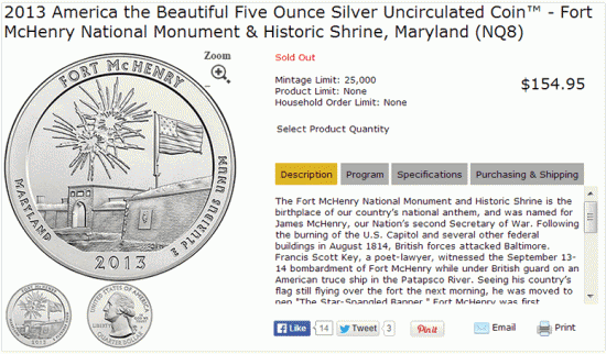 US Product Page for 2013-P Fort McHenry 5 Ounce Silver Uncirculated Coin