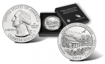 2014-P Great Smoky Mountains 5 Ounce Silver Coin - Obverse, Reverse and Case