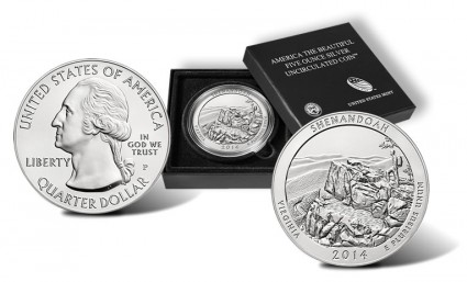2014-P Shenandoah 5 Ounce Silver Coin - Obverse, Reverse and Case