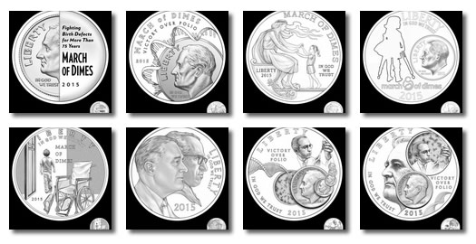 8 of the 40 proposed designs for the 2015 March of Dimes Silver Dollars