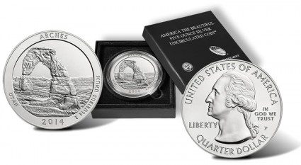 2014-P Arches 5 Ounce Silver Coin, Reverse, Case and Obverse