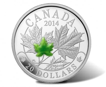 2014 Majestic Maple Leaves Colored Silver Coin with Jade