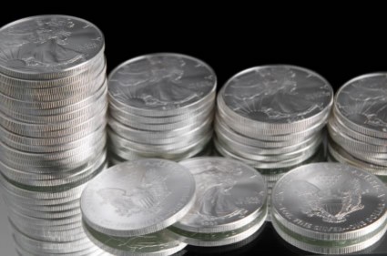 Stacks of American Silver Eagle bullion coins